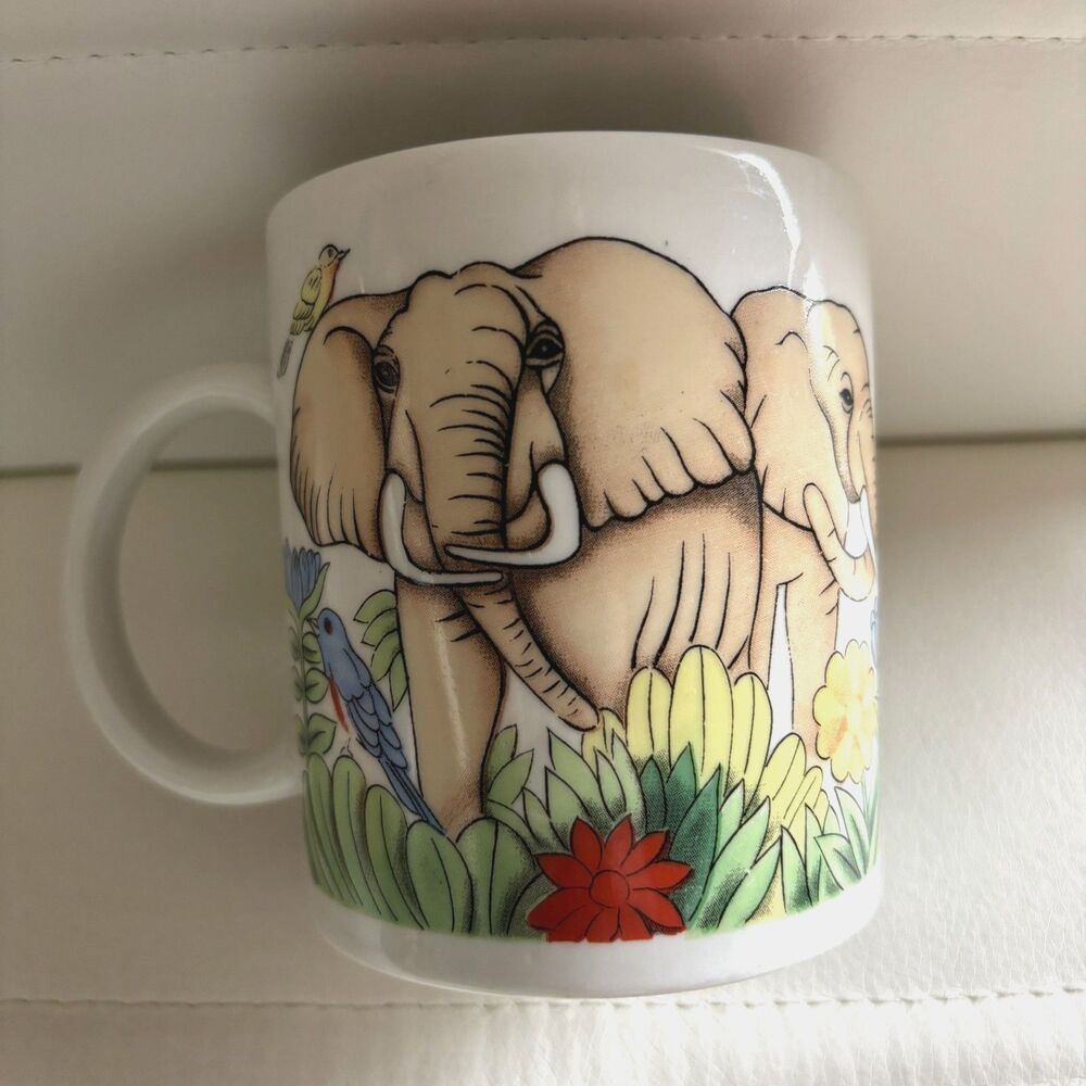 Vintage Safari Elephants Wildlife Coffee Mug Ceramic Cup Jungle Animals White